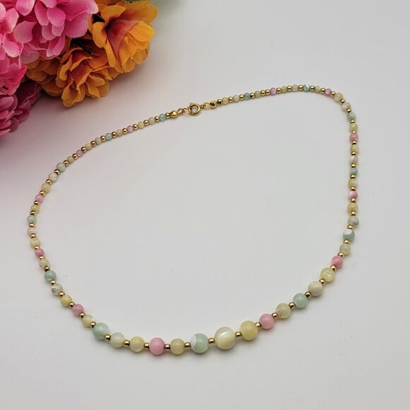 Vintage Multicolor Moonstone Beaded Necklace 16.5" Gold Plated Brass Spring Ring - Picture 1 of 8